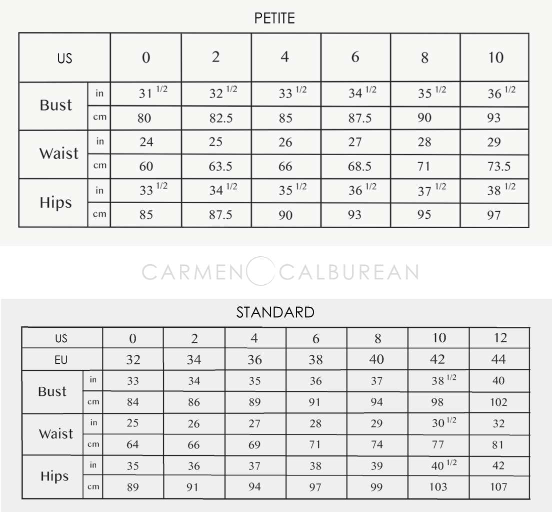 Petite and standard size charts