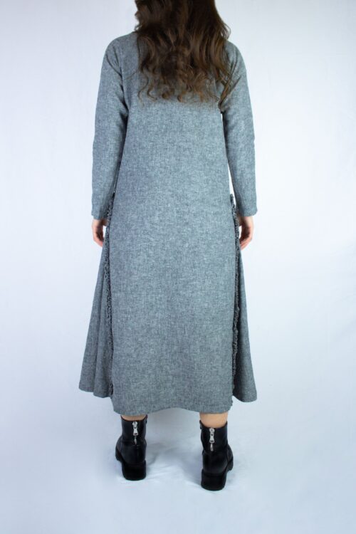 Woman wearing grey Leor tunic dress by Carmen Calburean